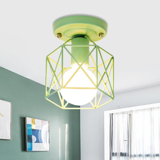 Minimalist Metal Frame Ceiling Mounted Light With White Pink And Green Accents - Ideal For Cloakroom