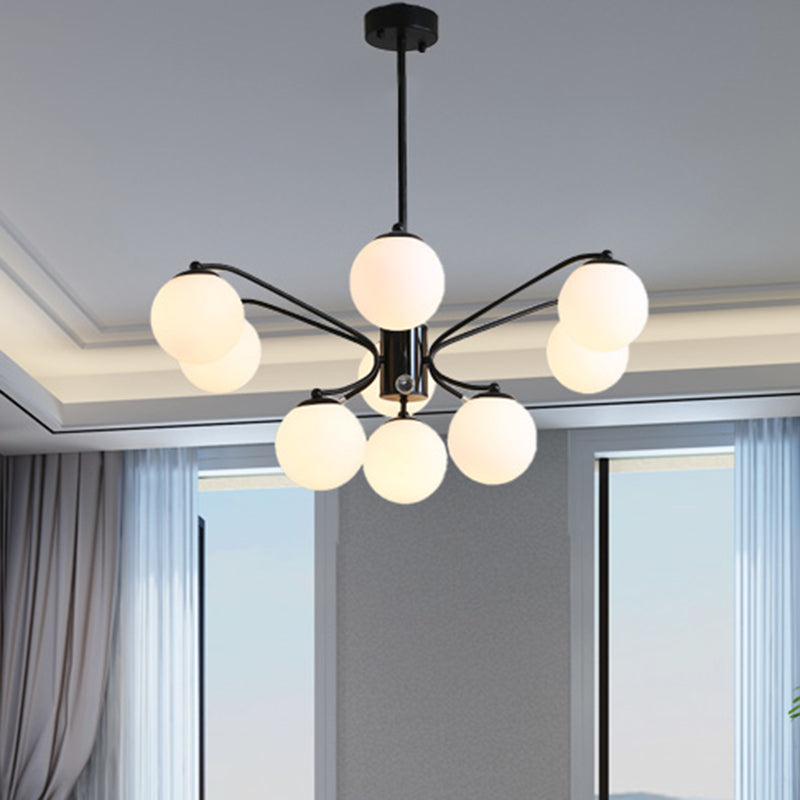 Black Curved Arm Chandelier With White Glass Ball Modern Hanging Ceiling Light (3/5/9 Lights)