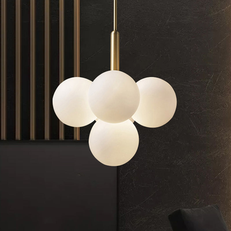 Contemporary White Glass Chandelier Lamp – 5/13 Lights Brass Pendant Light With Spherical Design