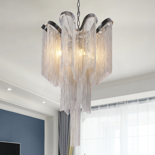 Modern Nordic Style Silver Chandelier With Tassel Metal Accents - 4-Light Hanging Ceiling Fixture
