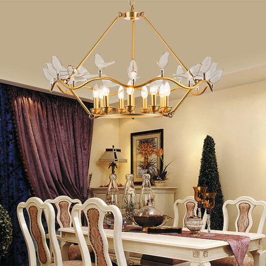 Postmodern Iron Candle Chandelier With Clear Glass Birds - 6/9-Head Gold Ceiling Fixture For Living