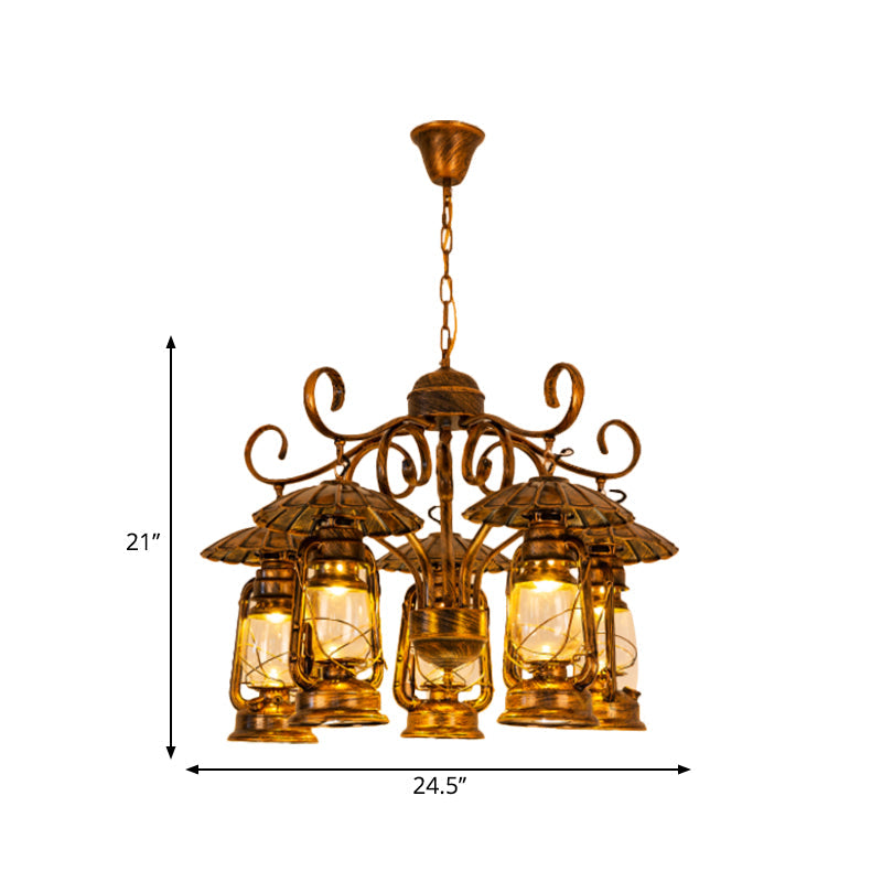 Village Style 5-Light Aged Brass Lantern Chandelier For Dining Room