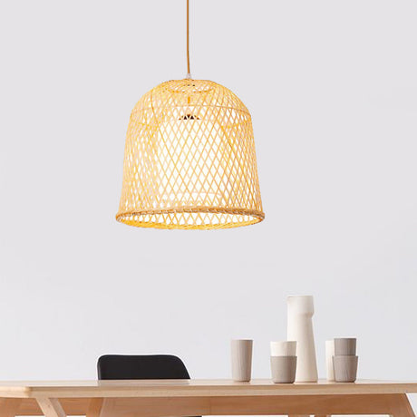 Bamboo Bell Pendant Light With White Fabric Shade - Wood Hanging Lamp Kit