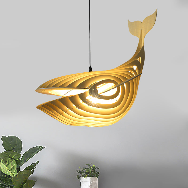 Contemporary Wood Pendant Light Kit For Stairway With Whale Suspension And Beige Finish