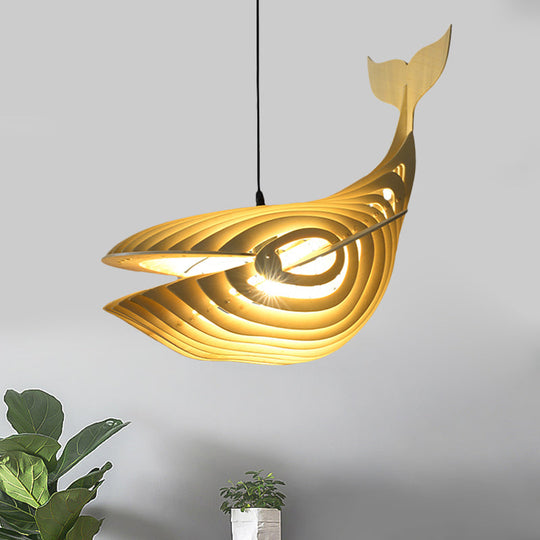 Contemporary Wood Pendant Light Kit For Stairway With Whale Suspension And Beige Finish