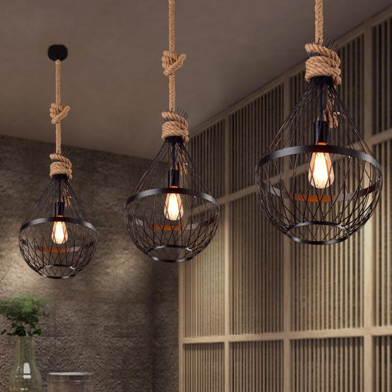 Teardrop Suspension Light: Metal Wire Frame Hanging Lamp In Black With 39’ Rope - Country Style