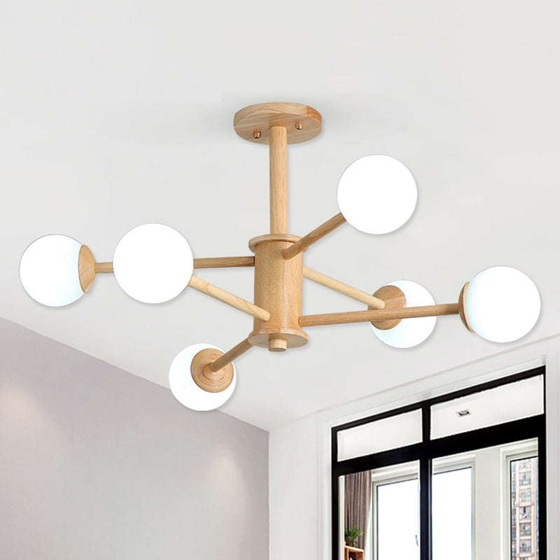 Contemporary Wooden Starburst Chandelier With White Glass Ball Shades - 6/8/12 Lights