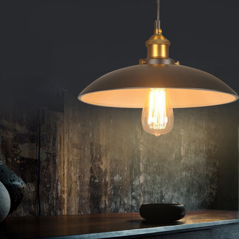 Vintage Style Iron Pendant Lighting For Restaurants - Bowl Shade 1 Light Black Finish Sizes: