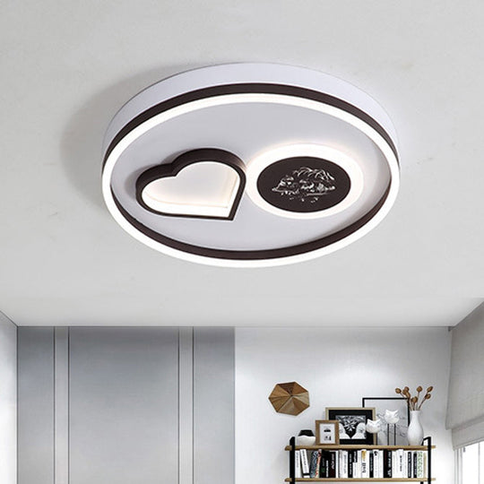 Modern Metal Led Round Flush Light In White/Brown For Living Room Ceiling - Warm/White Indoor