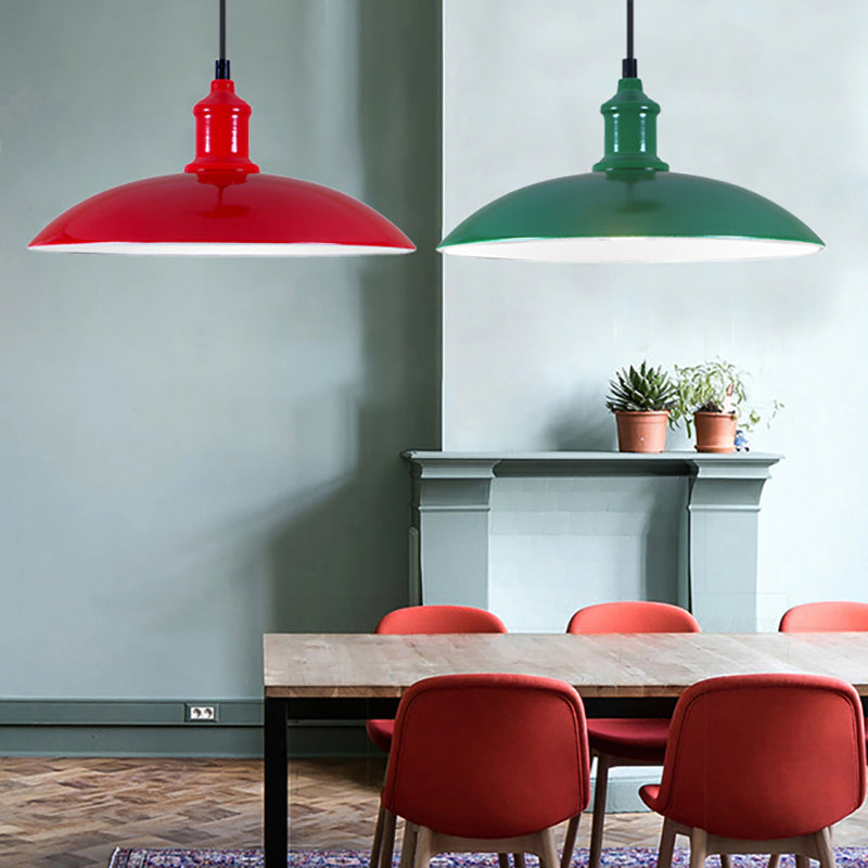 Metal Industrial Hanging Pendant Light - Green/Red Bowl Design 1 12.5’/16’ Width Ideal For