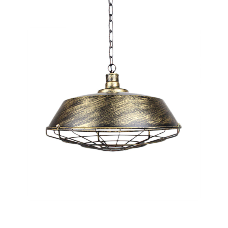 Rustic Wire Cage Pendant Light With Barn Shade In Antique Brass/Rustic Finish 1 10’/14’/18’ Width