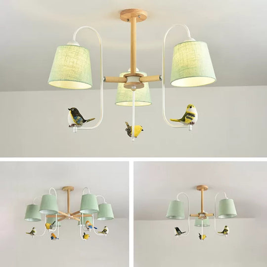 Contemporary Chandelier Light With Tapered Shade - Fabric & Wood Ideal For Child Bedroom