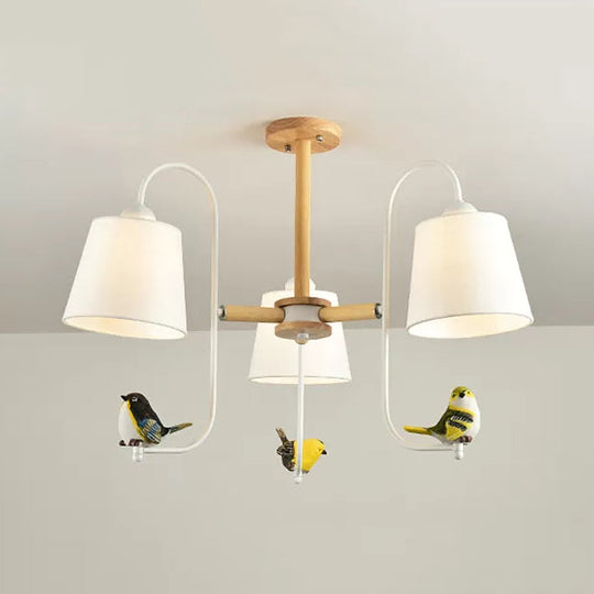 Contemporary Chandelier Light With Tapered Shade - Fabric & Wood Ideal For Child Bedroom 3 / White B