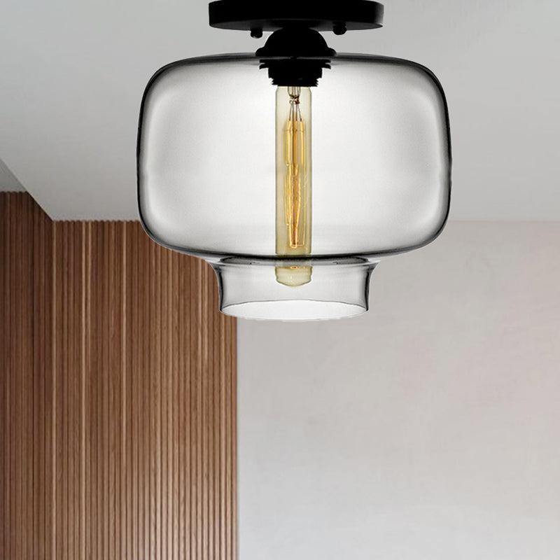 Modern Multi - Colored Lantern Flushmount Light With Glass Shade - Black Finish