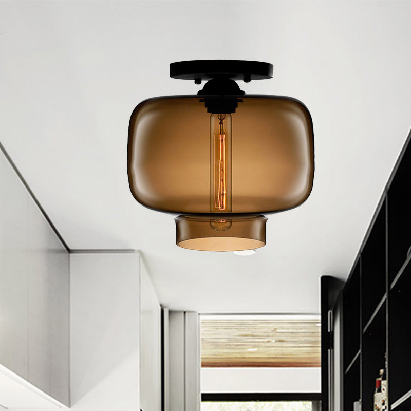 Modern Multi - Colored Lantern Flushmount Light With Glass Shade - Black Finish