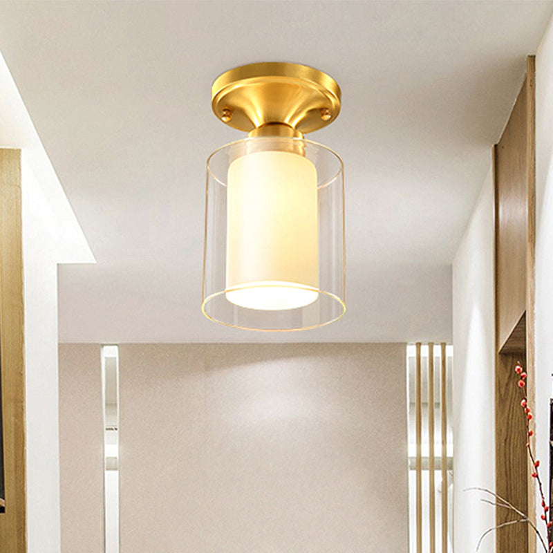Gold Finish Cylindrical Semi Flush Ceiling Light - Glass Shade Simple 1 - Bulb Semi - Flush Mount