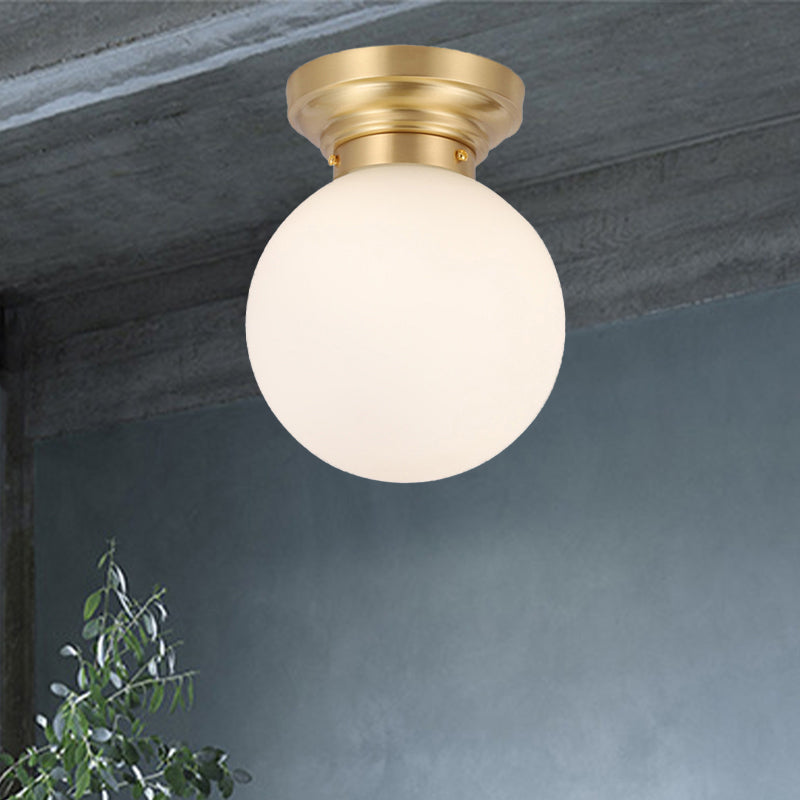 Minimalist Semi-Flushmount Brass/Black Close To Ceiling Light With Frosted Globe Glass Shade