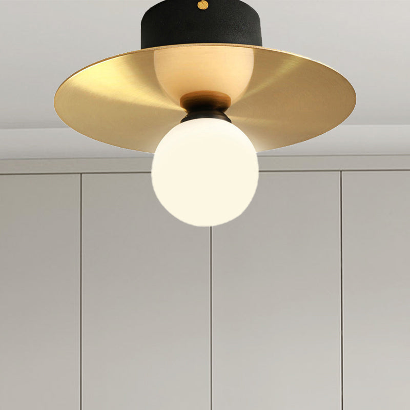 Modern Milk Glass Ceiling Light Fixture With Gold Disk - Contemporary 1-Bulb Lighting For Living