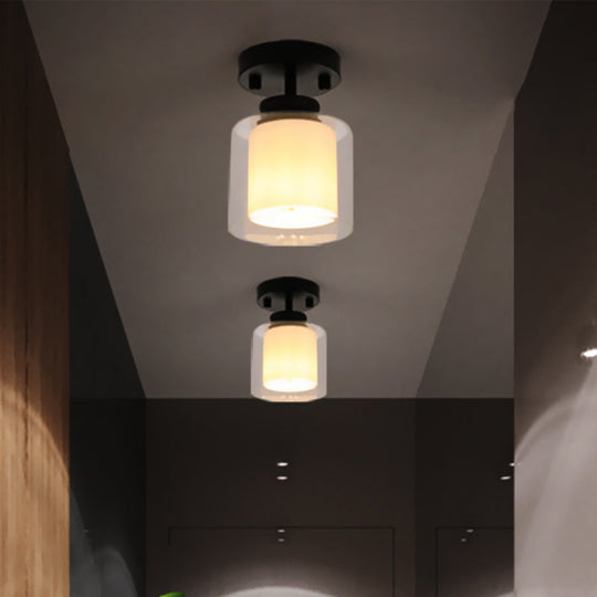Contemporary Cylinder Semi Flush Ceiling Light With Glass Shade - Black/Silver/Gold Finish 1 Bulb