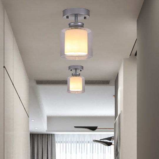 Contemporary Cylinder Semi Flush Ceiling Light With Glass Shade - Black/Silver/Gold Finish 1 Bulb