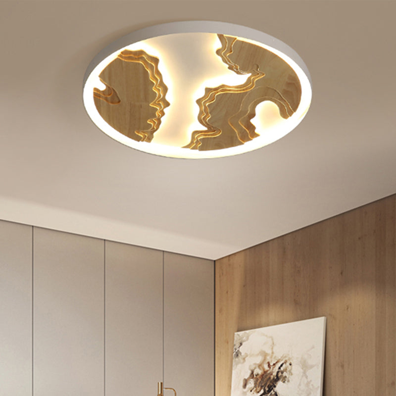 Contemporary Wood Gold/White Round Led Flush Mount Lamp For Living Room Ceiling -