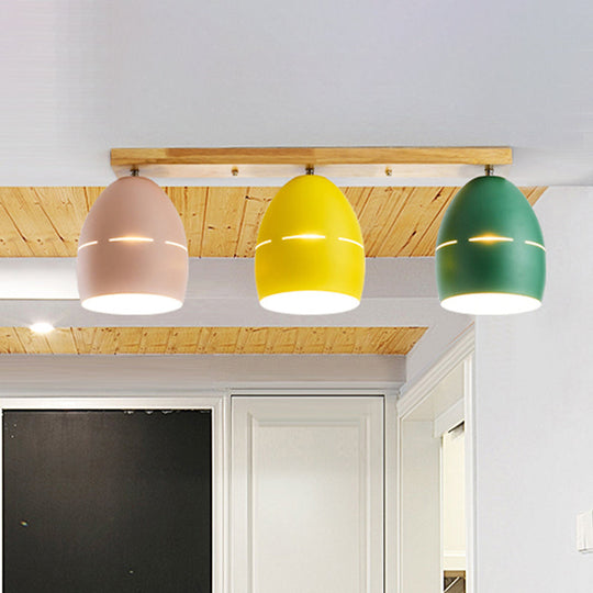 Nordic Wood Finish Linear Semi - Flushmount Light: 3 Lights And Oval Metal Shade