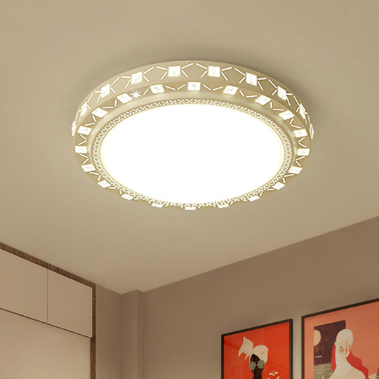 Modern White Drum Ceiling Flush Mount With Crystal Accent Led Fixture - Perfect For Bedrooms