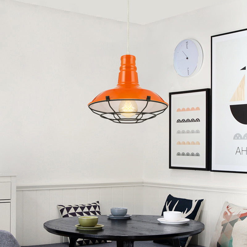 Industrial Metal Pendant Light Fixture With Wire Guard - Orange/Blue/Green Bowl Design