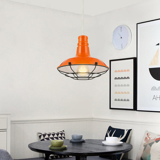 Industrial Metal Pendant Light Fixture With Wire Guard - Orange/Blue/Green Bowl Design