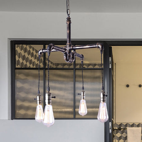 Rustic Water Pipe Ceiling Light: 4-Bulb Antique Bronze And Black Wrought Iron Chandelier