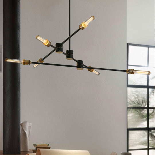 Lustre linéaire de style industriel - Plafonnier métallique à 6 lumières en noir pour le salon