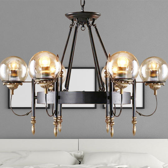 Industrial 6-Light Clear Glass Globe Chandelier With Clock Detail - Modern Pendant Light For Living