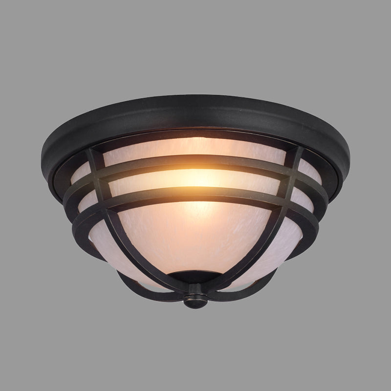 Black Metal Flush Mount Light With Frosted Glass Shade - Industrial Style For Balcony