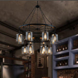 Industrial Clear Glass Black Chandelier Pendant Lamp - 2 Tiers Multi-Light Wheel Design With