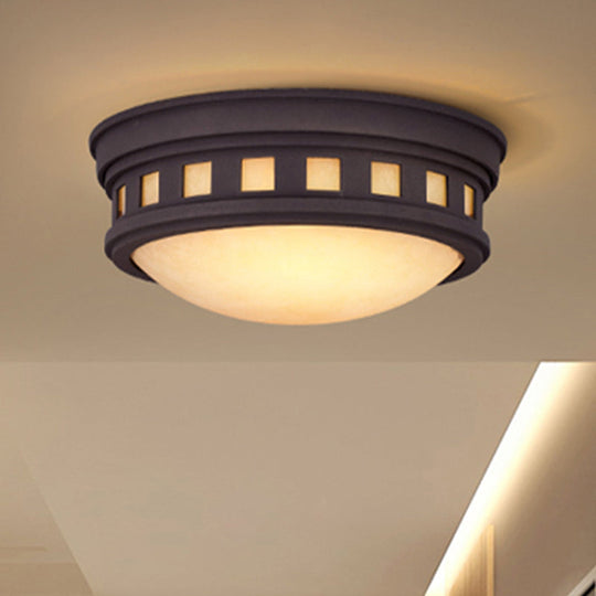 Rustic Metal Drum Flush Mount Ceiling Light With Opal Glass Bronze/Gold Outdoor Porch Lighting