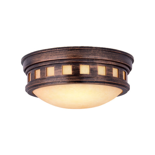 Rustic Metal Drum Flush Mount Ceiling Light With Opal Glass – Bronze/Gold Outdoor Porch Lighting