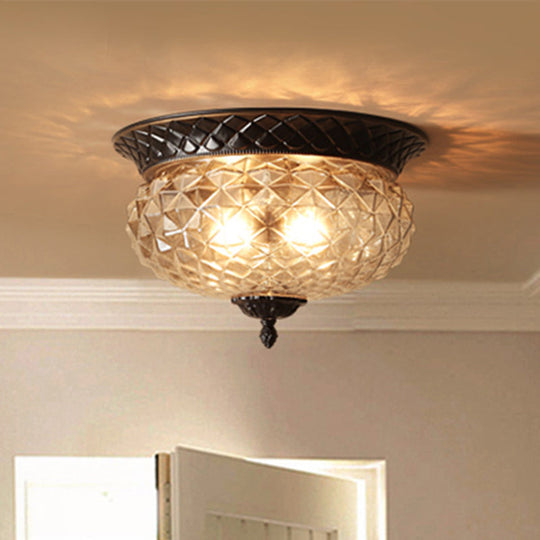 Clear Glass Industrial Flush Ceiling Light With Black Finish - 2 Lights For Foyer Or Entryway