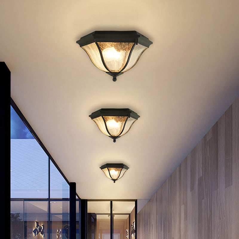 Outdoor Geometric Flush Light With Seeded Glass Shades - Traditional Black Ceiling Fixture For