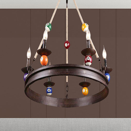 Industrial Ring Chandelier With Rustic Rope And Billiard Ball Deco - 6 Bulbs Metallic Pendant Light