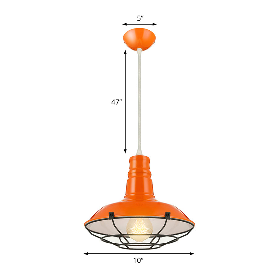 Industrial Metal Pendant Light Fixture With Wire Guard - Orange/Blue/Green Bowl Design