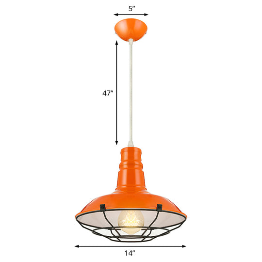 Industrial Metal Pendant Light Fixture With Wire Guard - Orange/Blue/Green Bowl Design