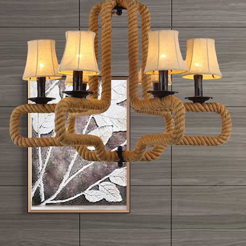 Hanging Chandelier Light With Bell Fabric Shades Loft Style 6 Heads Brown Rope Detail - Perfect For