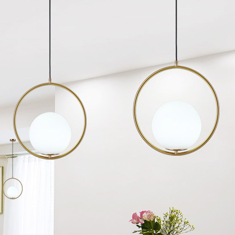 Retro Industrial Gold Suspension Light - Head Ring Pendant With Opal Glass Shade 12’/14’ Width