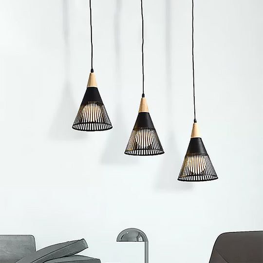Nordic Cone Ceiling Light With 3 Metal And Wood Pendant Heads