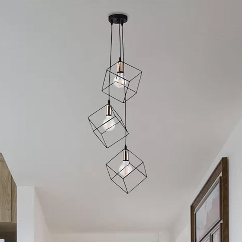 Industrial Black Metal Pendant Lighting: Square Suspension Light With 3 Lights For Foyer