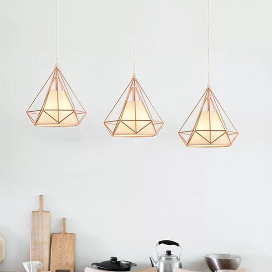 Modern Rose Gold Wire Frame Pendant Lamp With 3 Bulbs