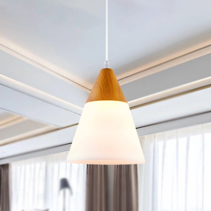 Natural Wood Cone Milk Glass Suspension Pendant Light - Modern 1-Light Fixture (5’/7.5’/10.5’ Wide)