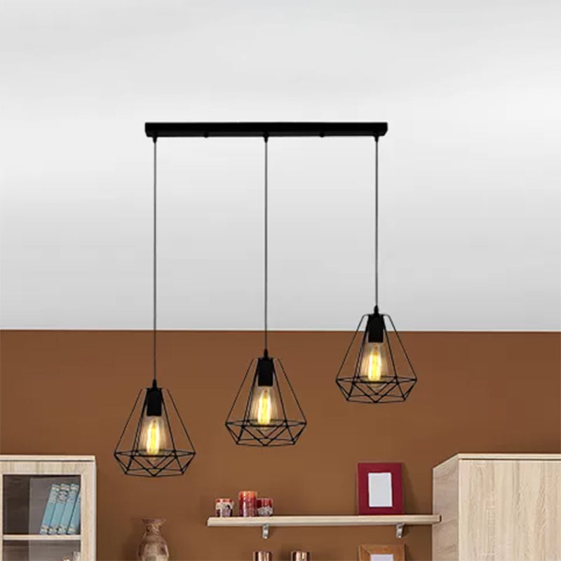 Vintage Industrial Metal Teardrop Cage Pendant Light With 3 Lights For Living Room - Black