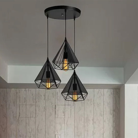 Retro-Style Black Diamond Hanging Light With 3 Metallic Heads - Dining Room Pendant Lighting