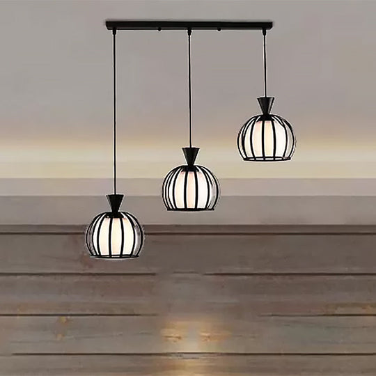 Metal Dome Cage Pendant With Milk Glass Shade - Retro Style 3-Bulb Hanging Light Indoor Black/White